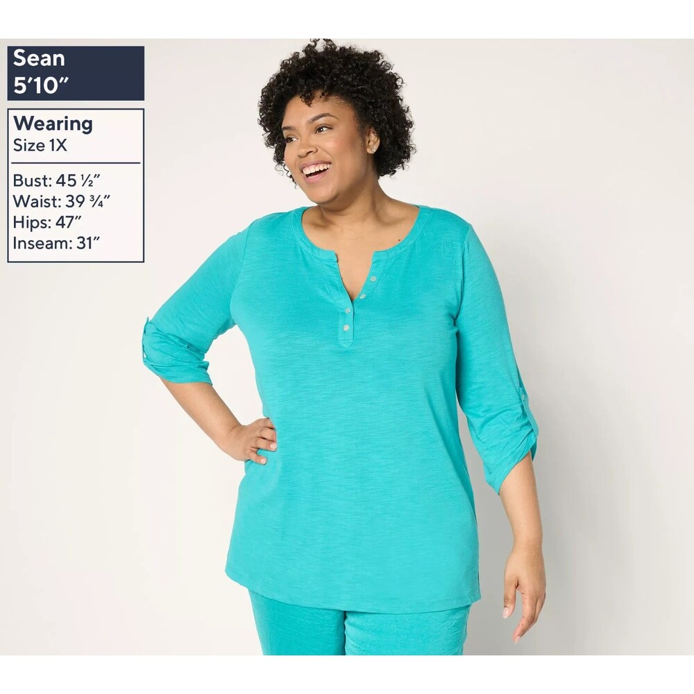 nicole by Nicole Miller Slub Knit Top with Roll-Tab Sleeve Viridian Green Sz L